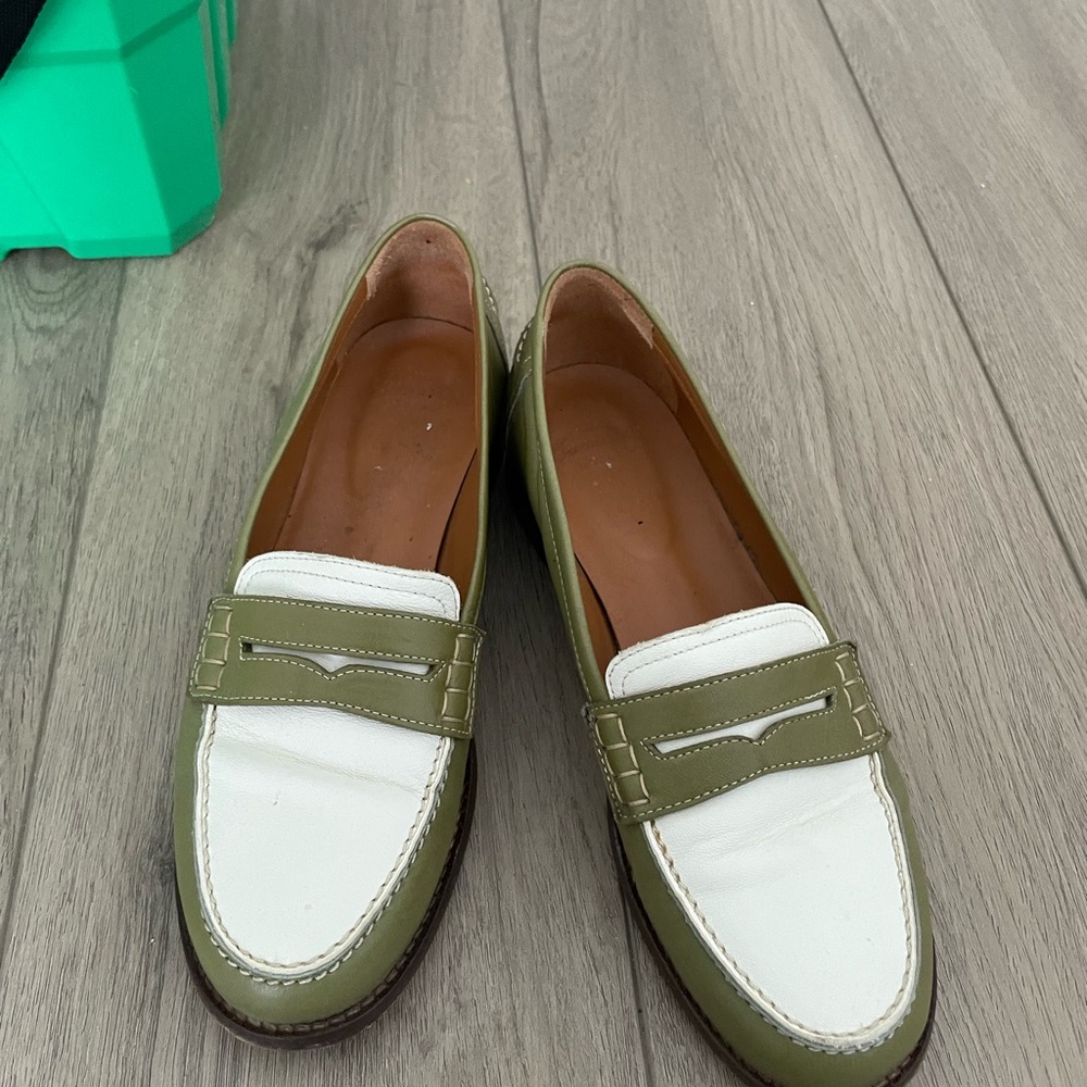 Sezane Olive Green and White Leather Penny Loafers